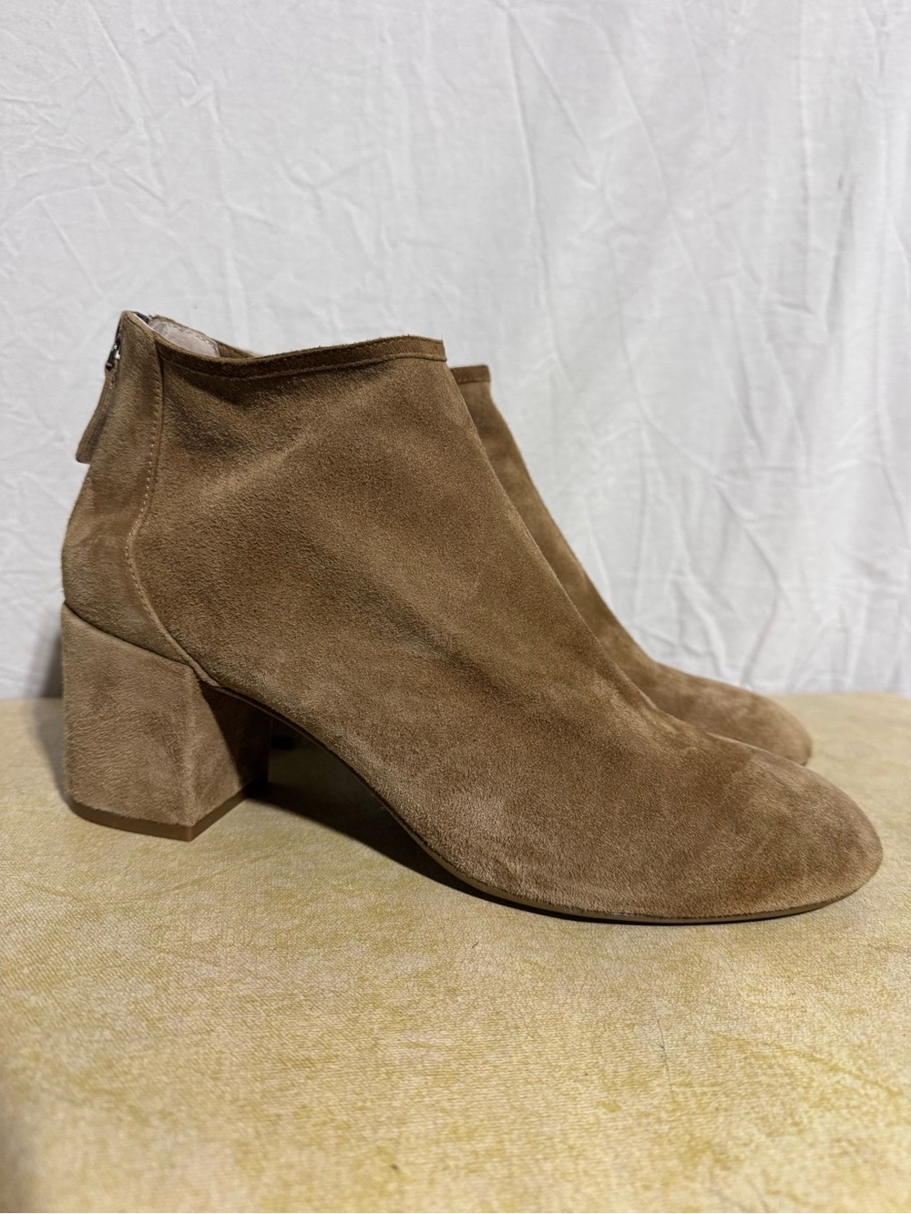 Cecilia tan suede round toe stacked heel bootie Size 9